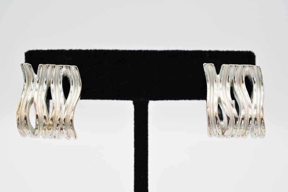 Givenchy Vintage Clip On Earrings Brushed Silver Chunky Signed 1980s BinH